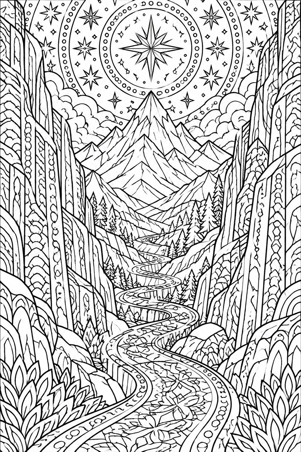 A black and white coloring page showing a winding road through mountains flanked by tall crystal formations under a large compass star and night sky.