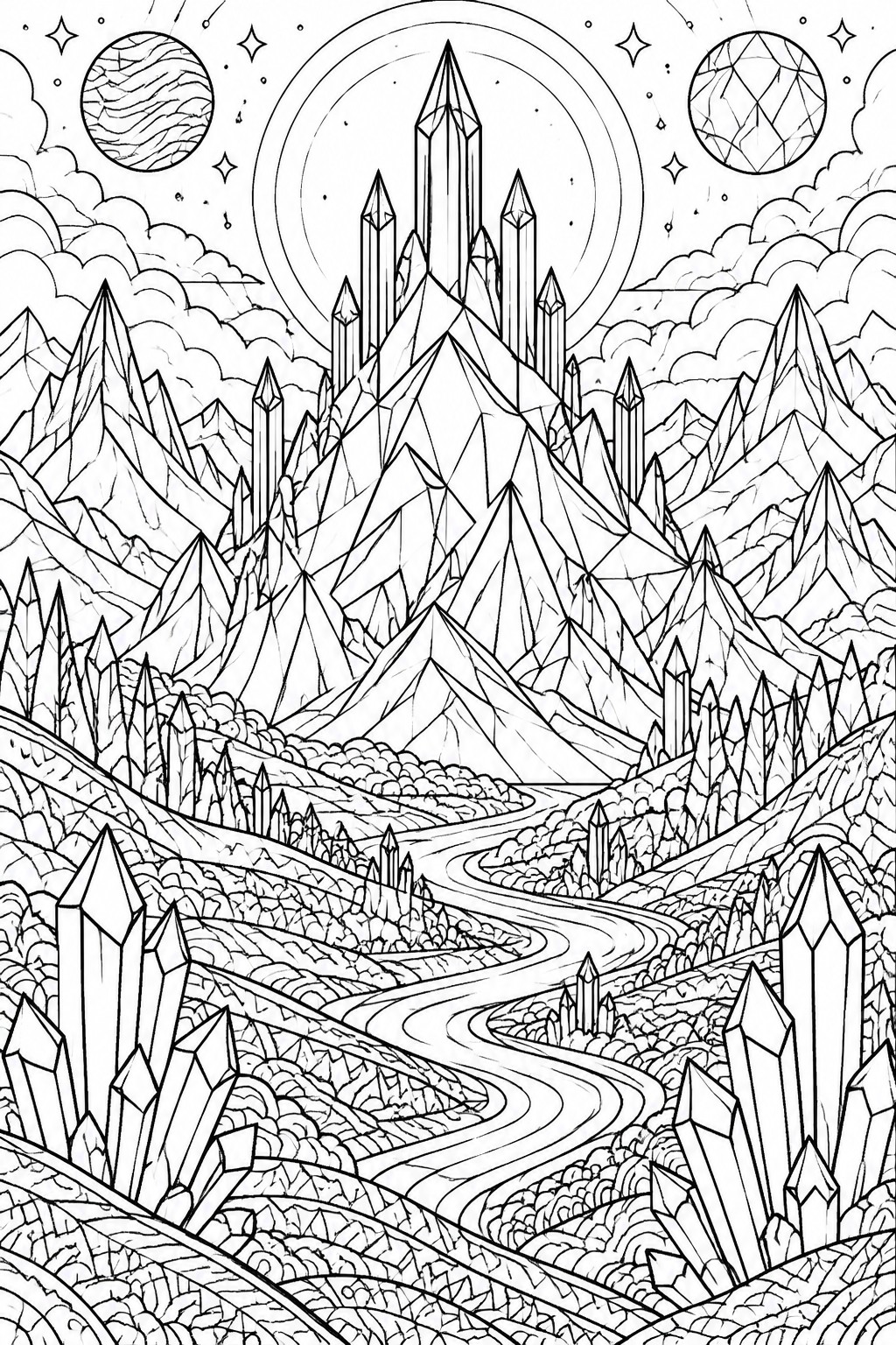 Fantasy crystal mountains with winding river under starry sky with planets