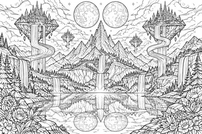 25 Dreamy Landscape Coloring Pages With Surreal Mountains and Otherworldly Scenery Fantasy landscape with floating islands, waterfalls, mountains, moons and starry sky in line art