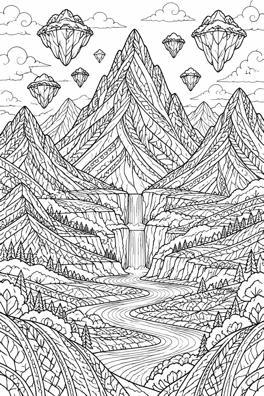 Black and white line art of a fantasy mountain range with floating crystal islands, a central waterfall, and a winding river through layered terrain.