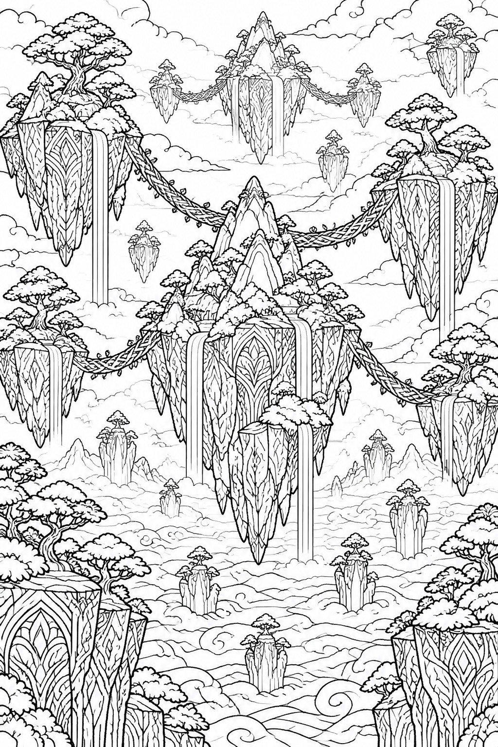 Elaborate black-and-white fantasy landscape of floating islands, waterfalls, and vine bridges.