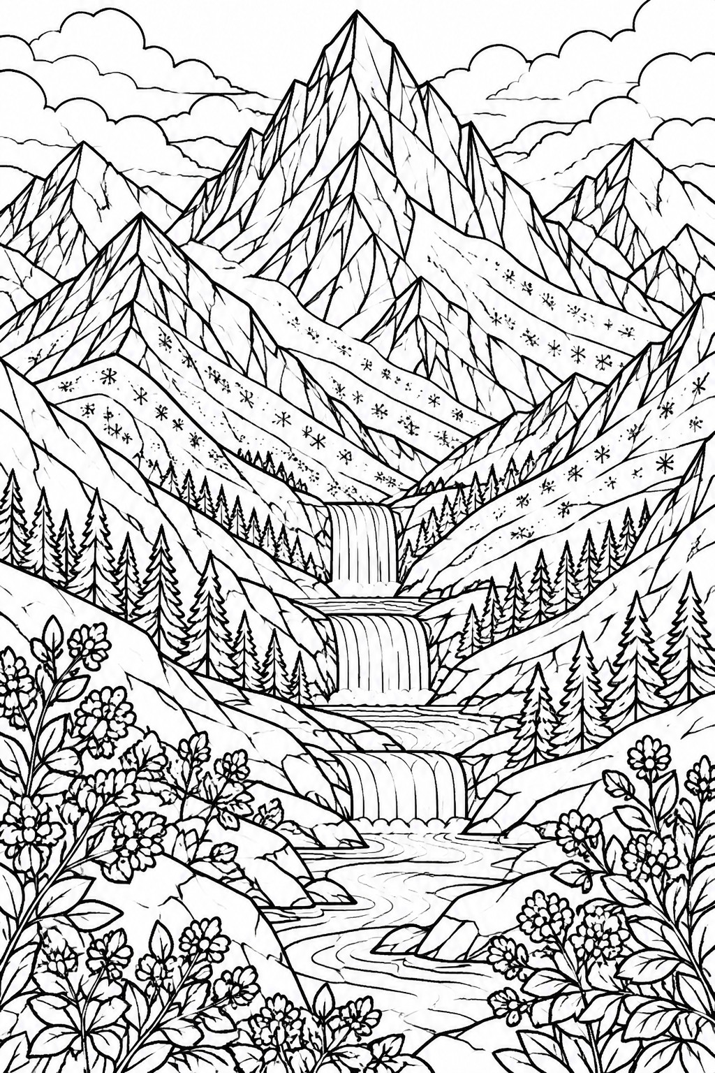 Black-and-white line art of snowy mountains with waterfalls, river, pine trees, and flowers.