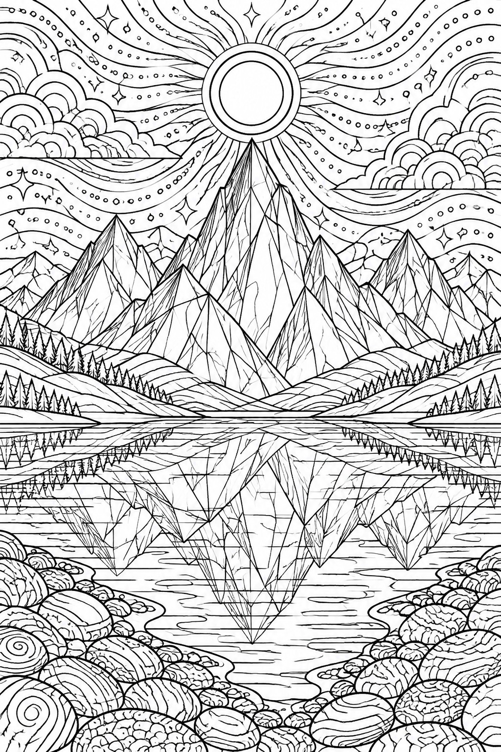 Intricate line art of mountains reflected in a lake under a radiant sun with stars.