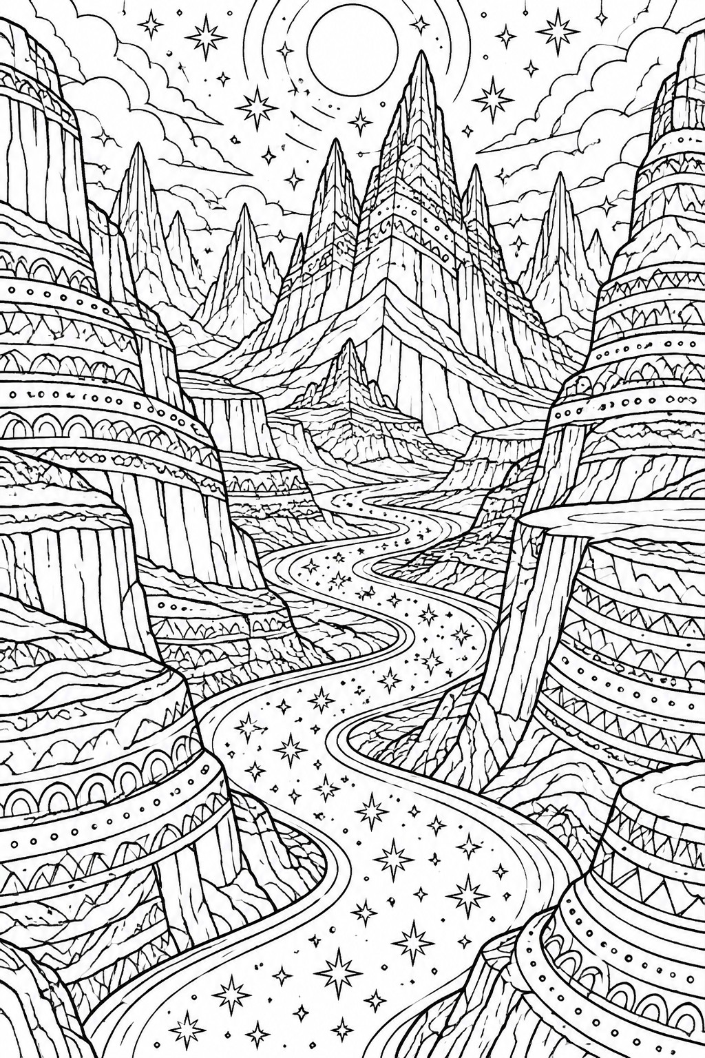 A black and white line drawing of a fantasy canyon with patterned mountains, a winding path, stars, and a moon.
