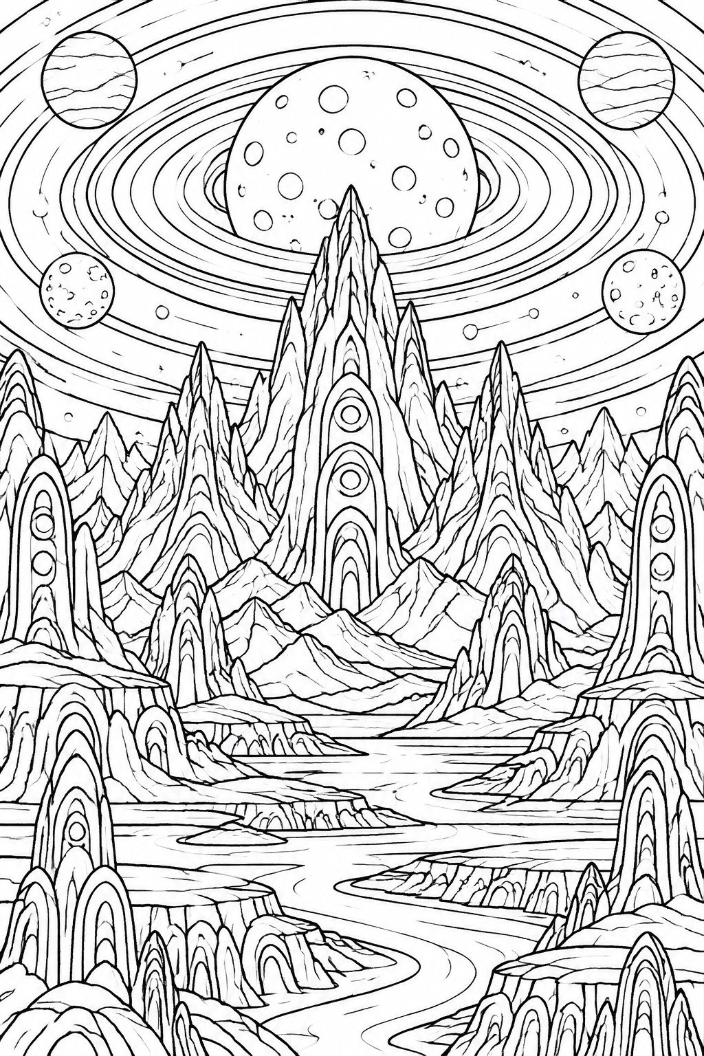A black and white line drawing of jagged mountains with circular motifs, a winding river, and multiple planets with rings in the sky.