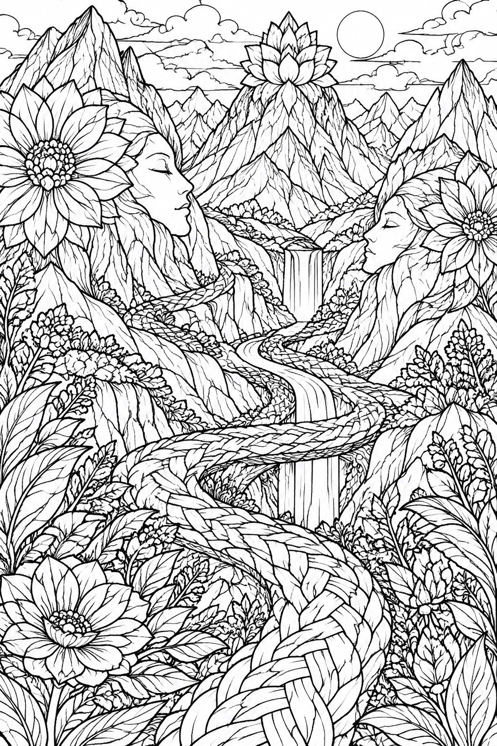 Detailed black-and-white line art of two floral women facing amid mountains, river, and waterfall.