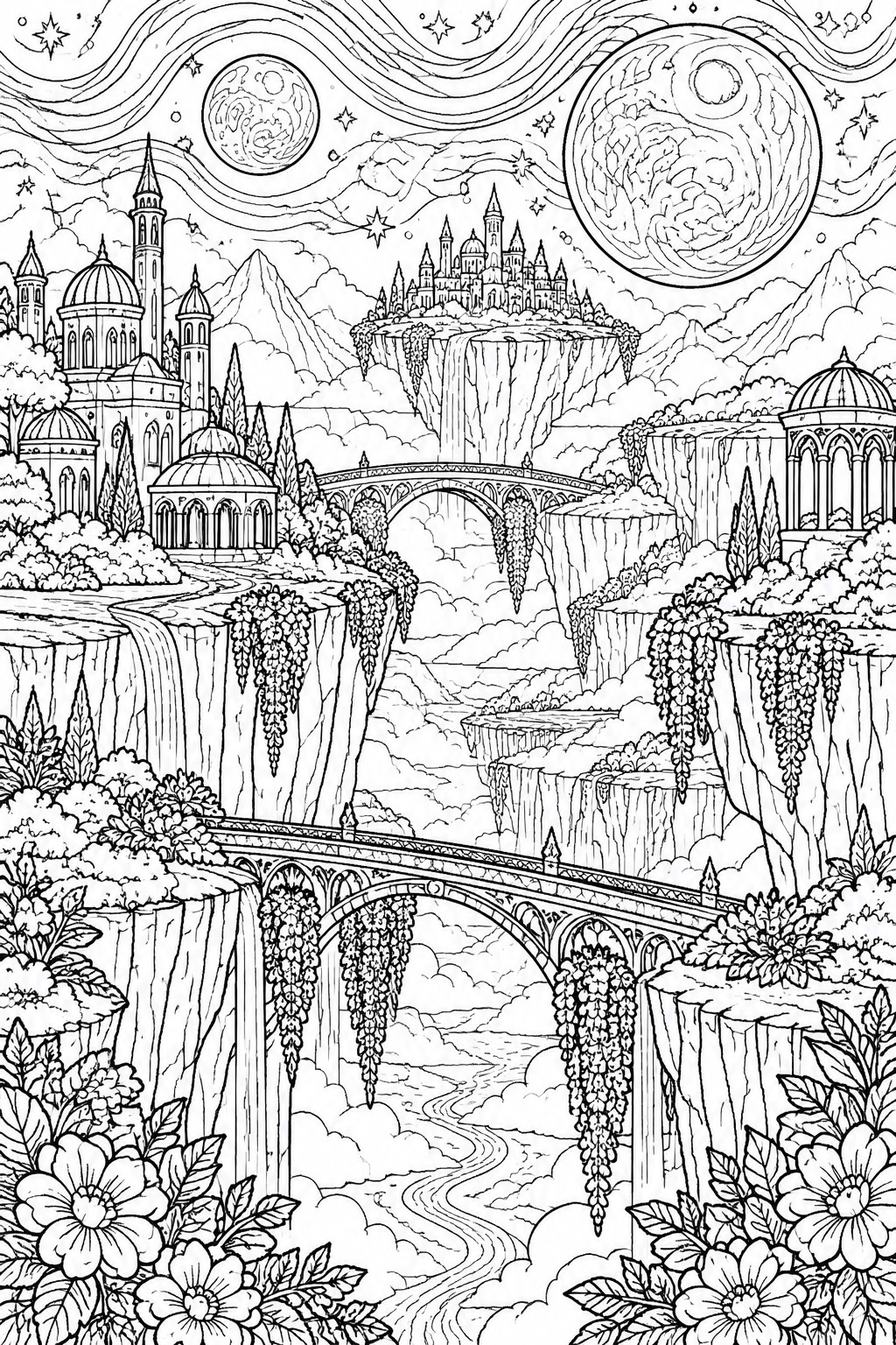 Intricate black-and-white fantasy landscape with floating castles, bridges, waterfalls, and celestial planets.