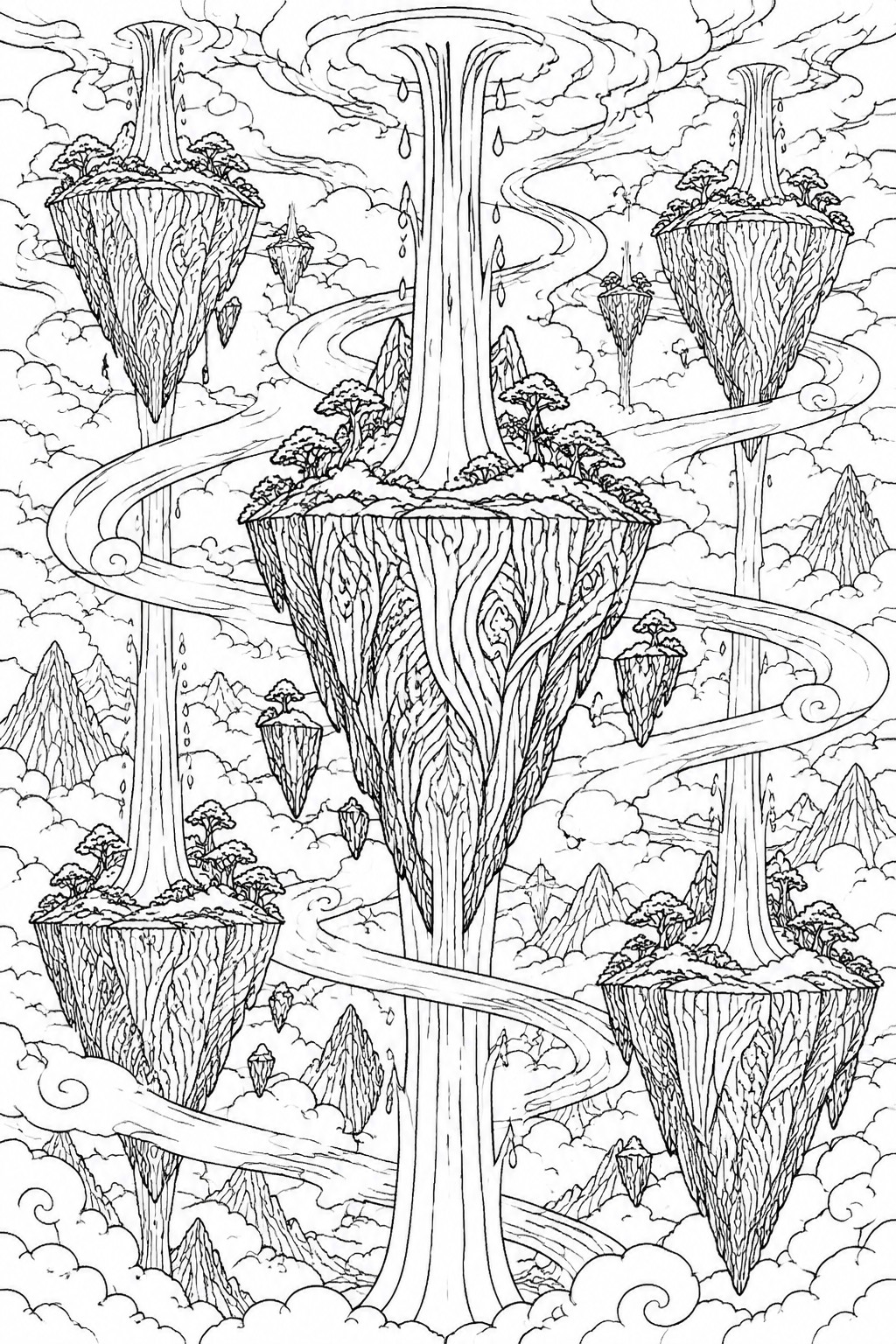 Black and white line drawing of floating islands with trees, winding paths, and clouds.