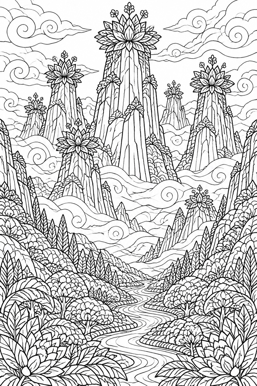 Detailed line art of fantasy mountains topped with flowers and winding river