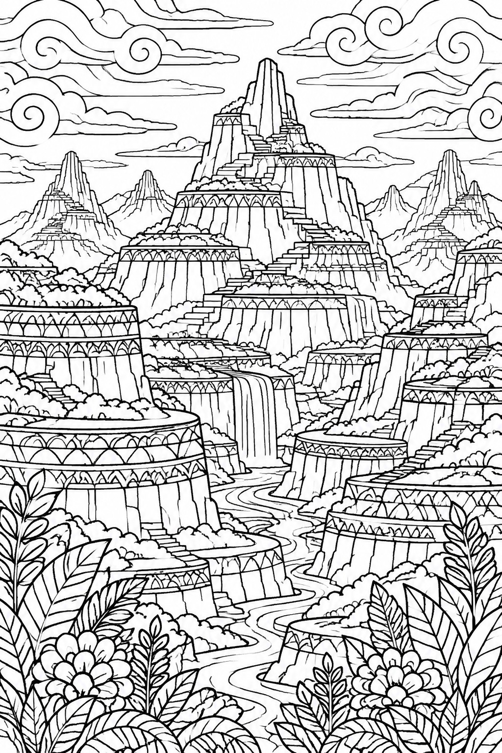 A black and white line drawing of a fantasy mountain landscape with tiered patterned cliffs, waterfalls, a winding river, and swirling clouds.