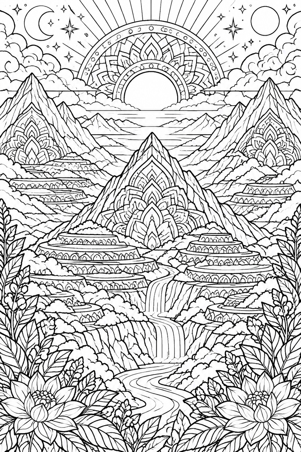 A black and white coloring page showing tiered mountains with mandala patterns, a winding river with waterfalls, clouds, and a large sun with rays in the sky.