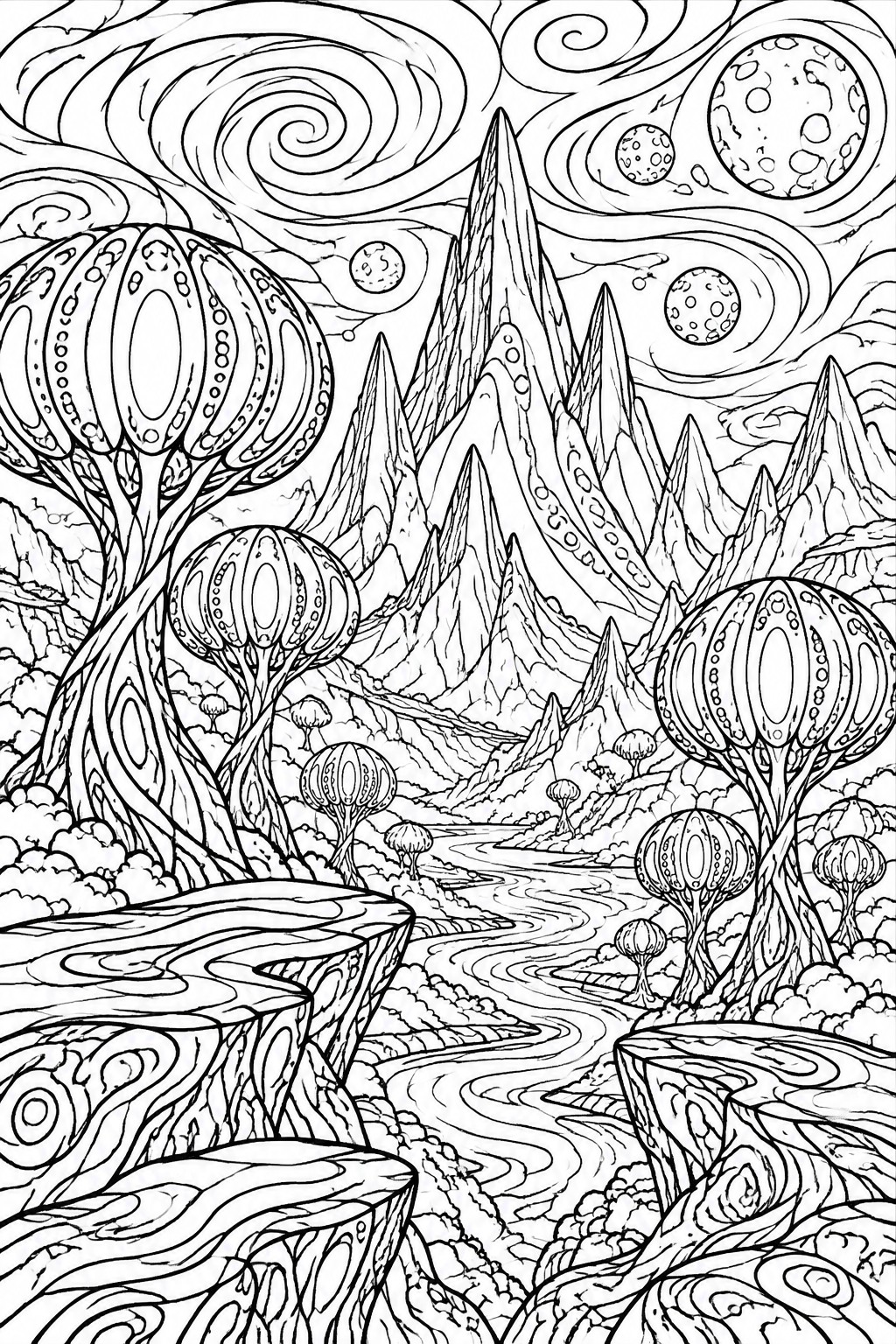 Black and white fantasy landscape with alien trees, mountains, river and swirling skies.