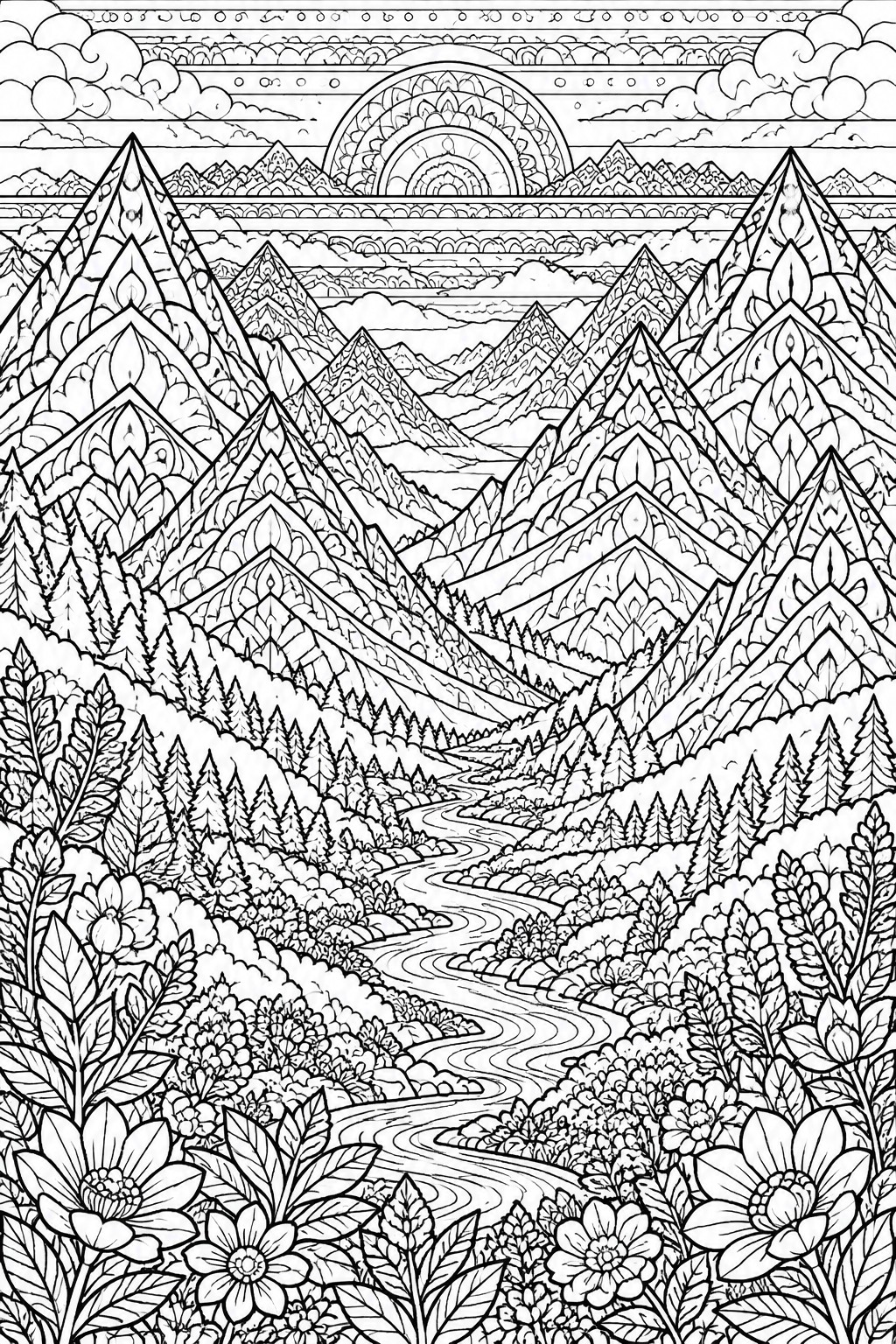 Black and white line art of a mountain landscape with patterned peaks, a winding river, foreground flowers and trees, and an ornate sun above.