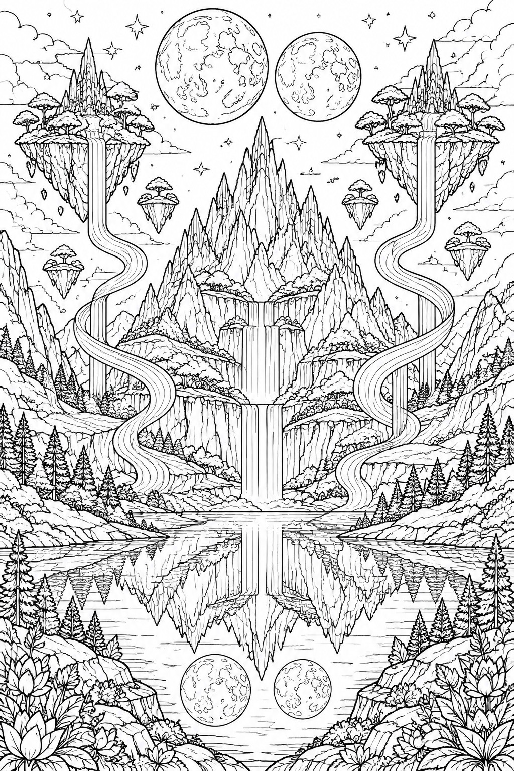 Fantasy landscape with floating islands, waterfalls, mountains, moons and starry sky in line art