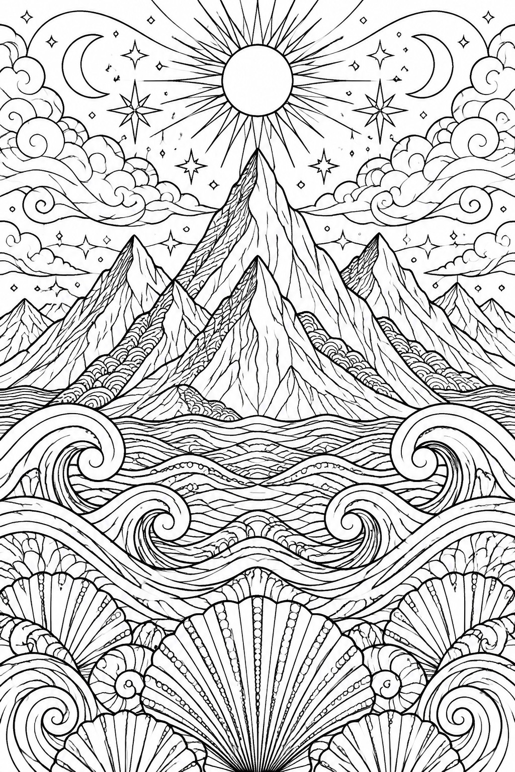 Black and white coloring page featuring mountains, a sun with rays, stars, moons, clouds, and swirling waves with shell patterns.