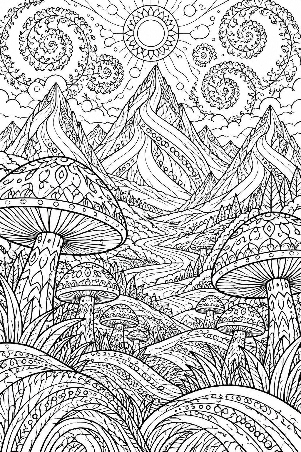 Intricate coloring page of mountains, giant mushrooms, winding path, and swirling skies with sun