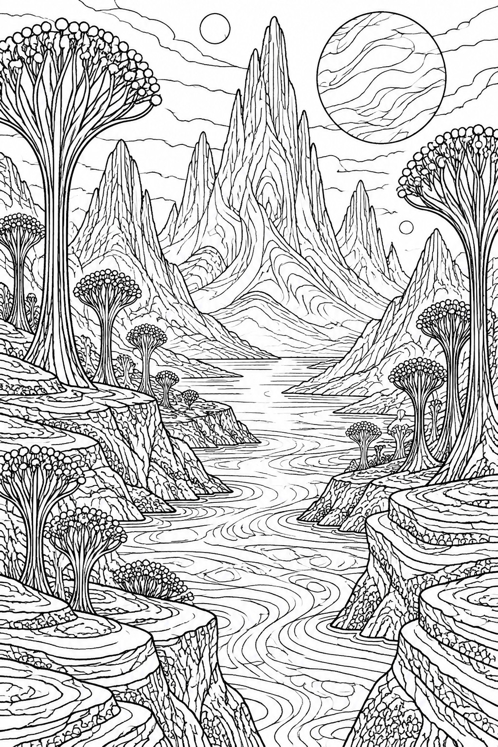 Fantasy landscape coloring page with winding river, jagged mountains, and alien trees