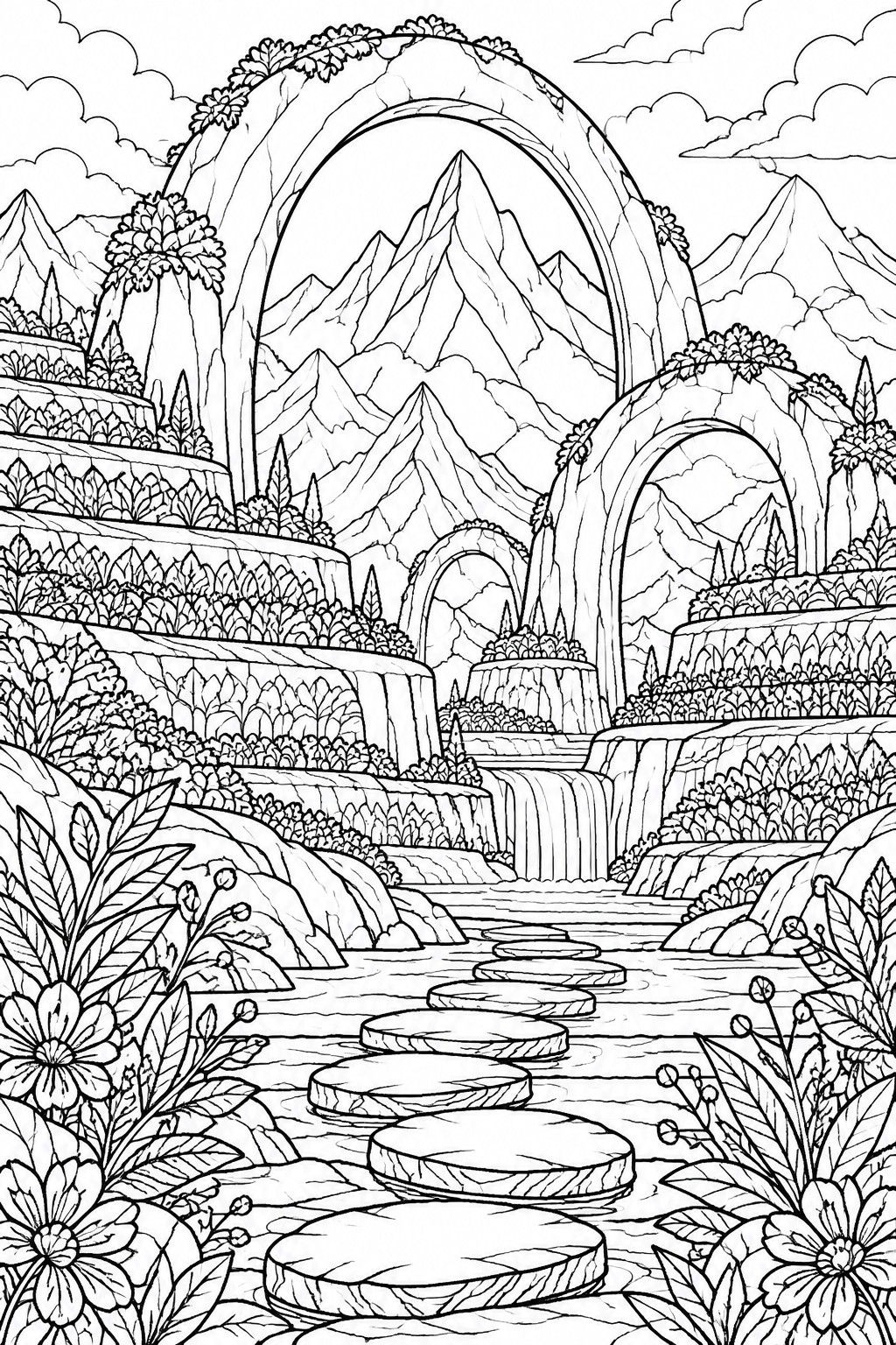 Black-and-white line art of fantasy landscape with stone arches, waterfalls, mountains and stepping stones.
