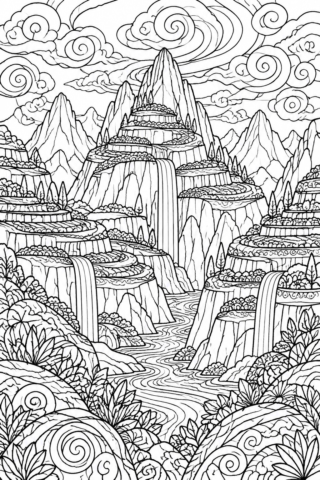 A black and white line drawing of a surreal mountain landscape with tiered plateaus, waterfalls, a winding river, and swirling clouds.