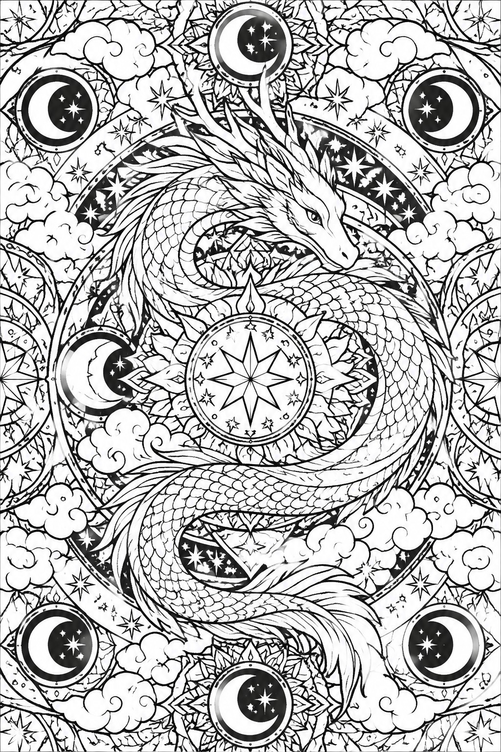 Elaborate black-and-white dragon coiled amid stars, moons, clouds, and mandalas.