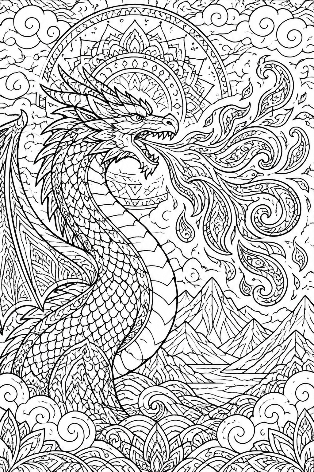 Intricate black-and-white dragon with mandala patterns, clouds, flames, and mountains.