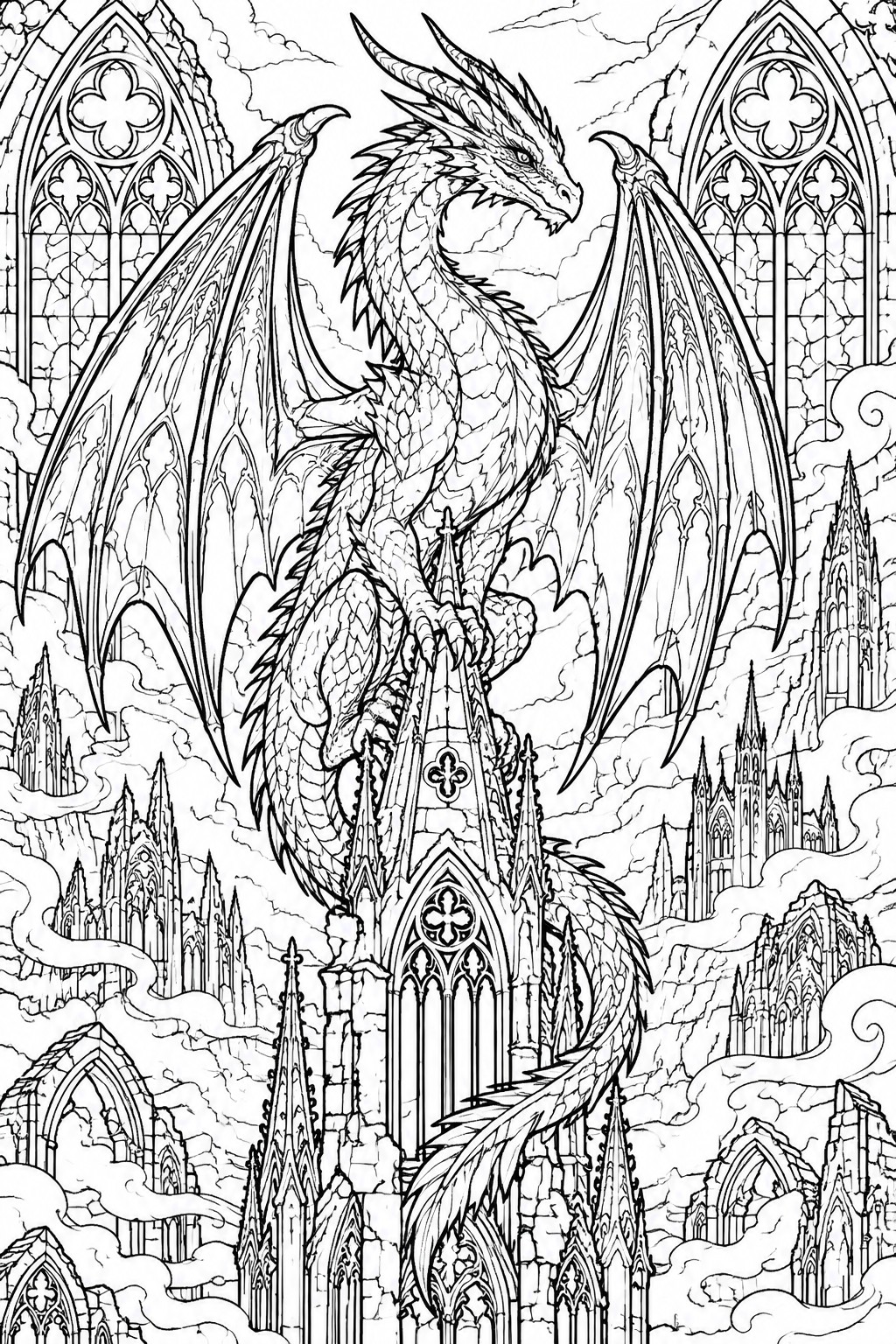 Line drawing of winged dragon perched on gothic cathedral spire amid clouds and ruins