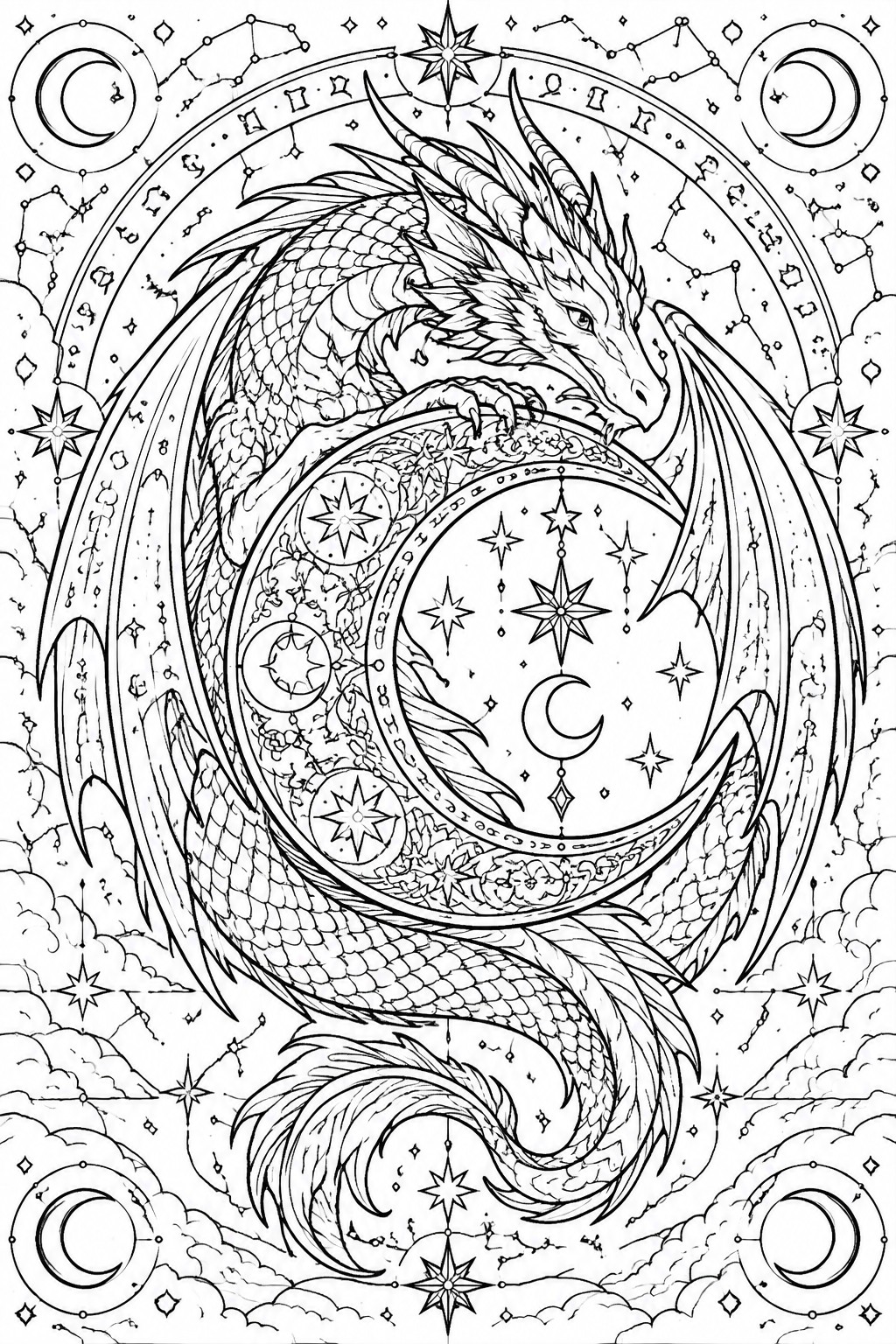 Detailed dragon coiled around crescent moon amid stars, constellations, and clouds in line art.