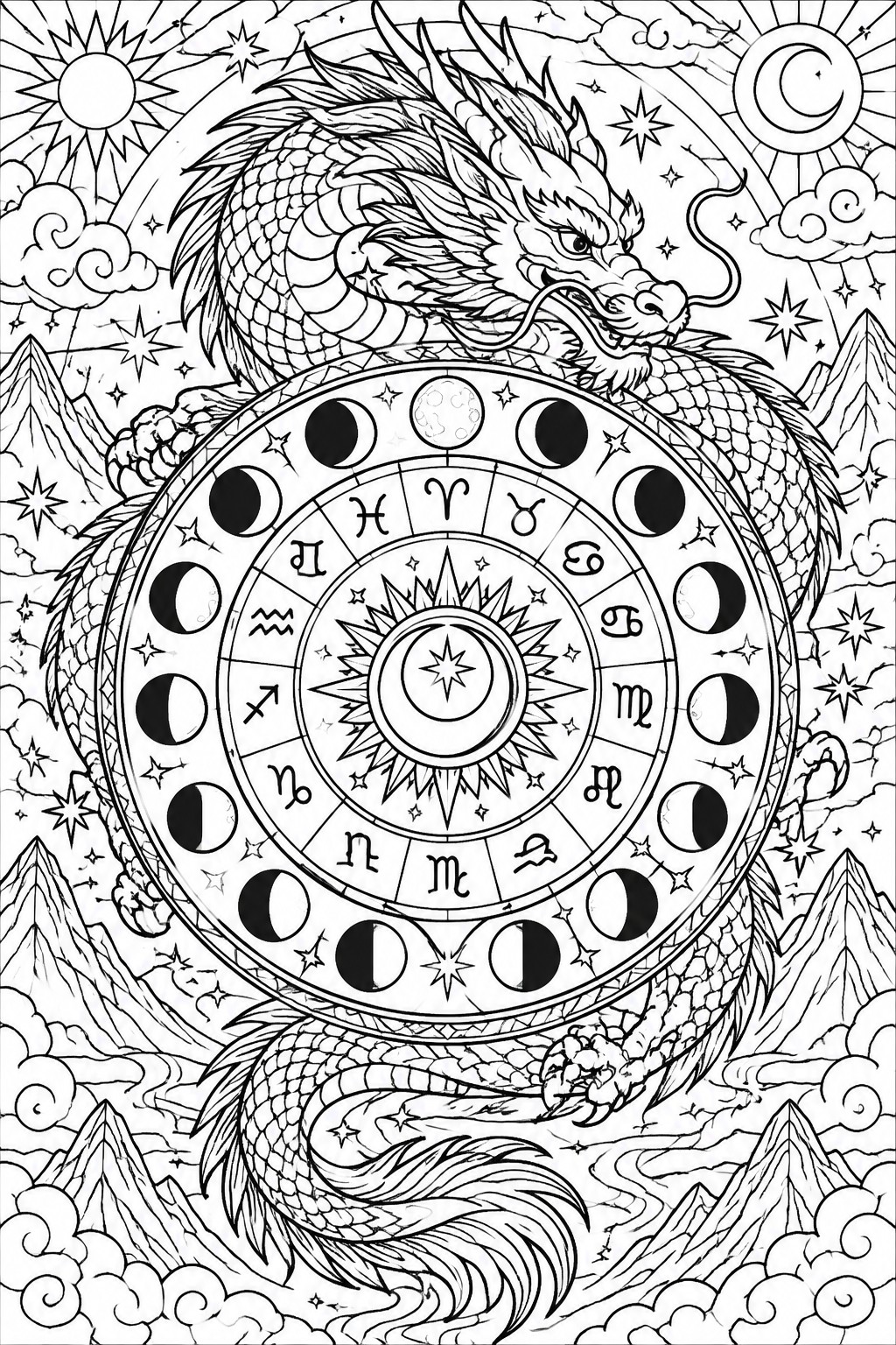 Chinese dragon coiled around zodiac wheel with moon phases, stars, and mountains