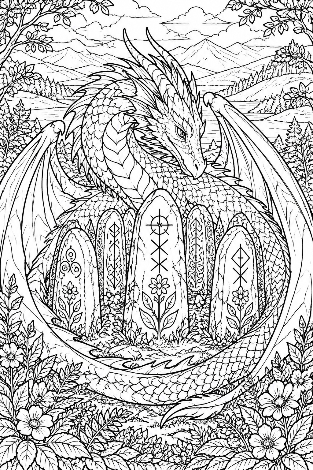 Detailed line art of a dragon encircling ornate standing stones in a mountain landscape.