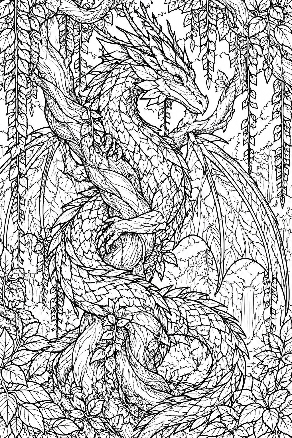 Intricate black-and-white line art of a coiled dragon amid jungle vines and waterfall