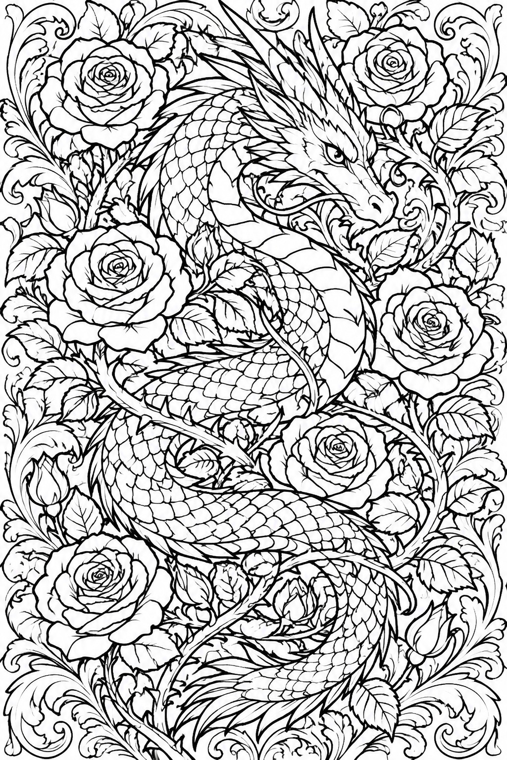 Intricate black and white dragon coiled among blooming roses and swirling foliage.
