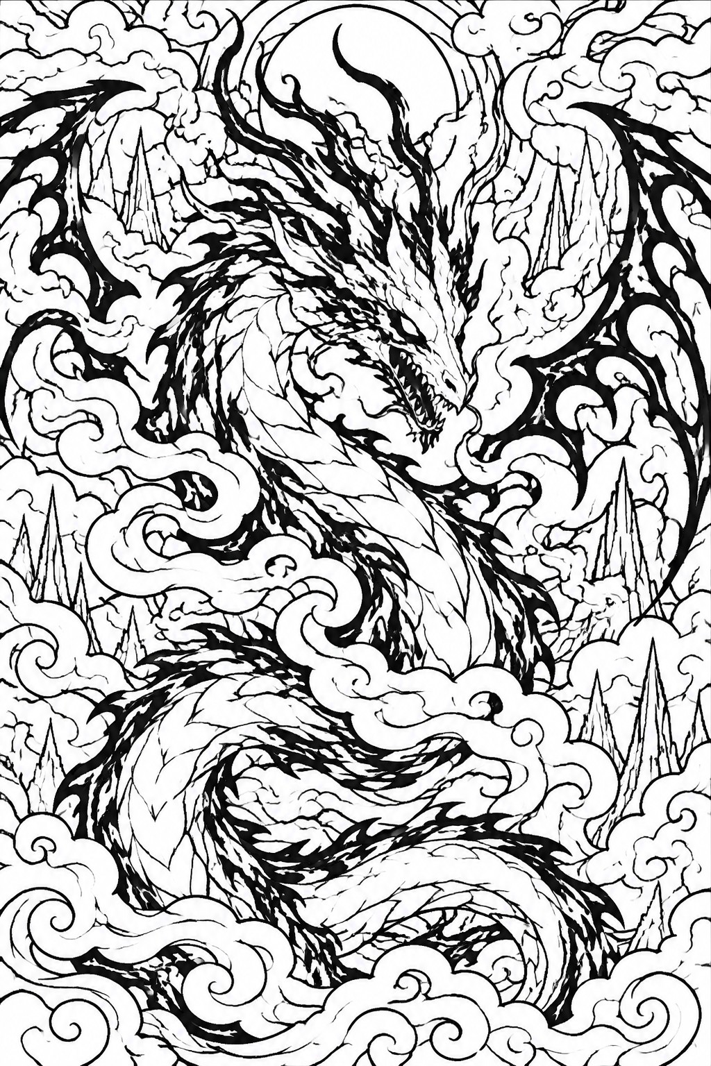Fierce dragon coils through swirling clouds above jagged mountain peaks in line art.