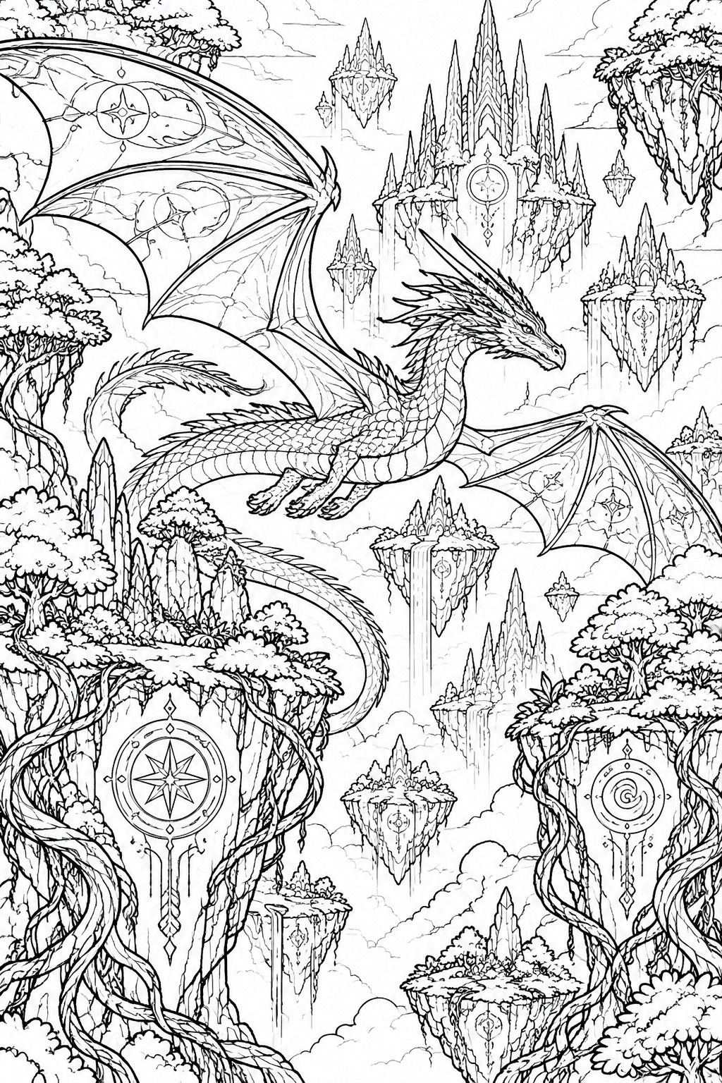 Intricate black and white fantasy art of a dragon soaring amid floating islands and castles.