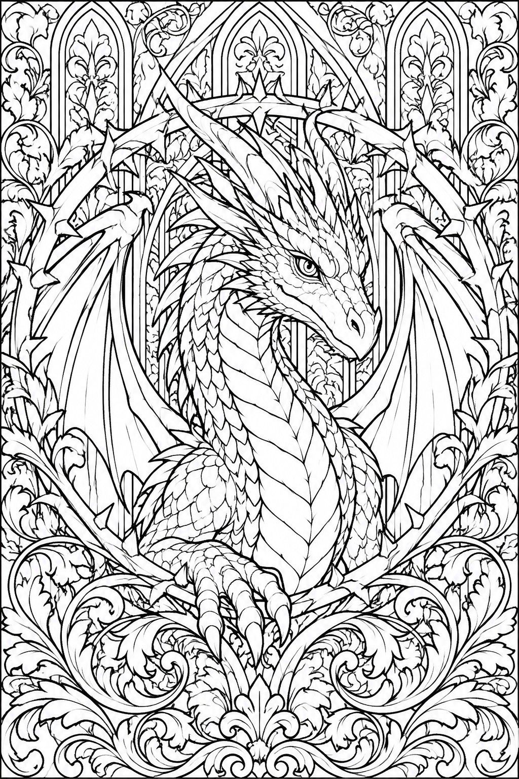 Intricate black-and-white line art of a horned dragon amid Gothic arches and vines.