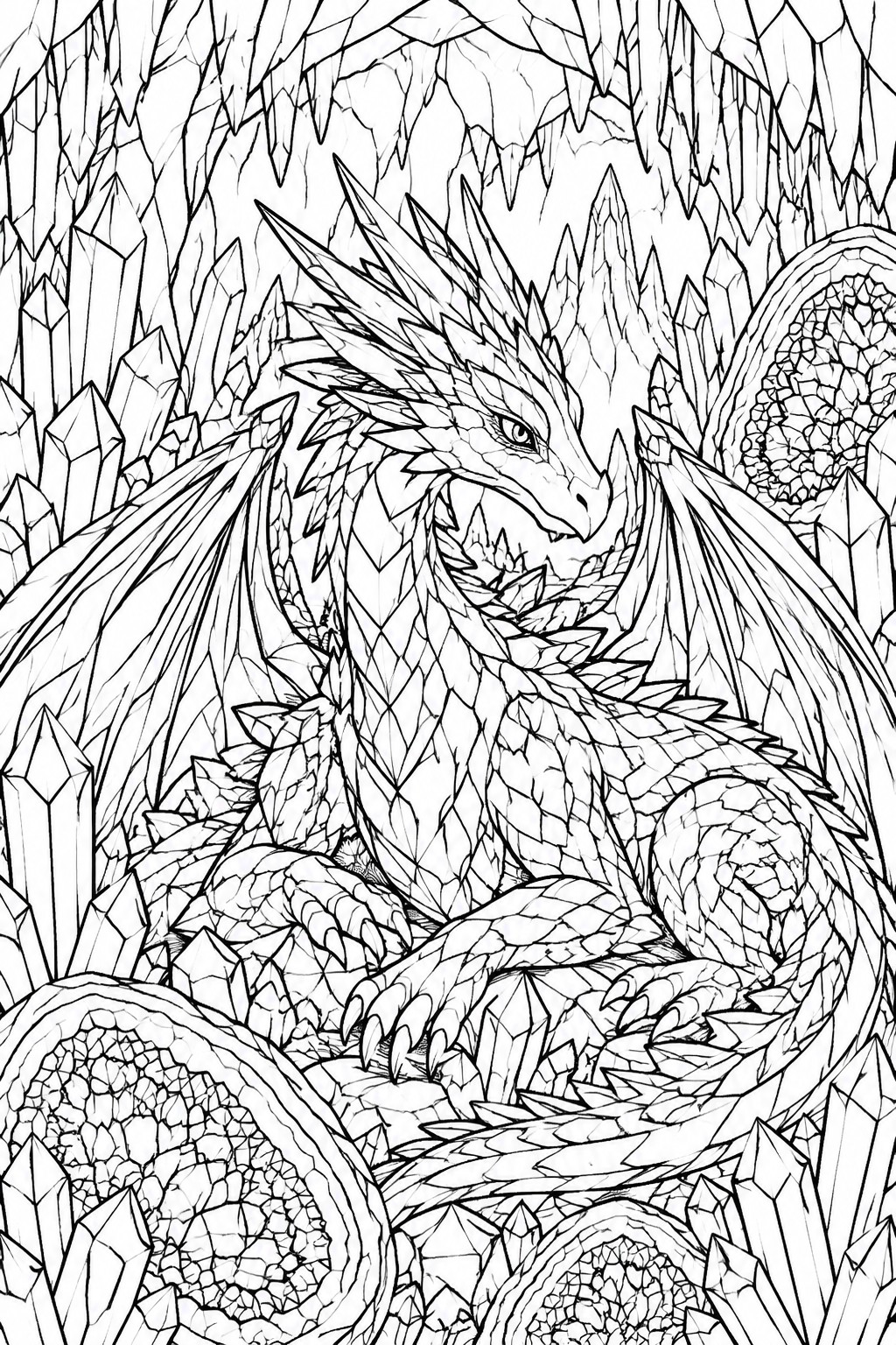 A black and white line drawing of a dragon resting among crystal formations in a cave with circular patterns.