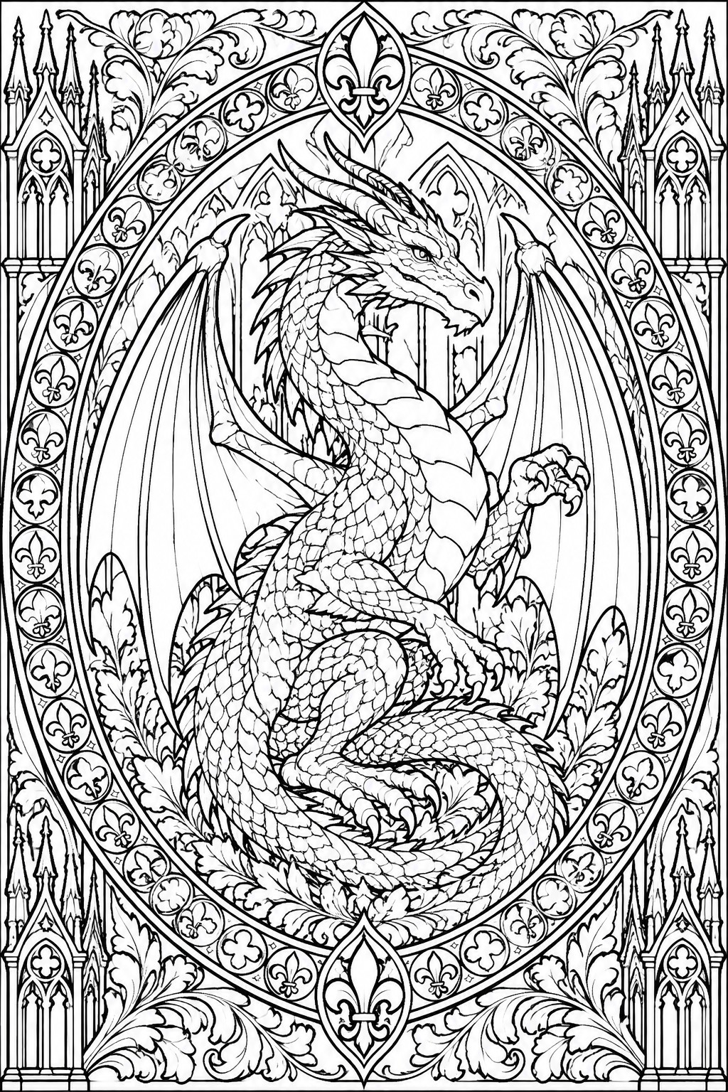 A black and white line drawing of a dragon coiled inside an ornate oval frame decorated with fleur-de-lis, gothic arches, and floral motifs.