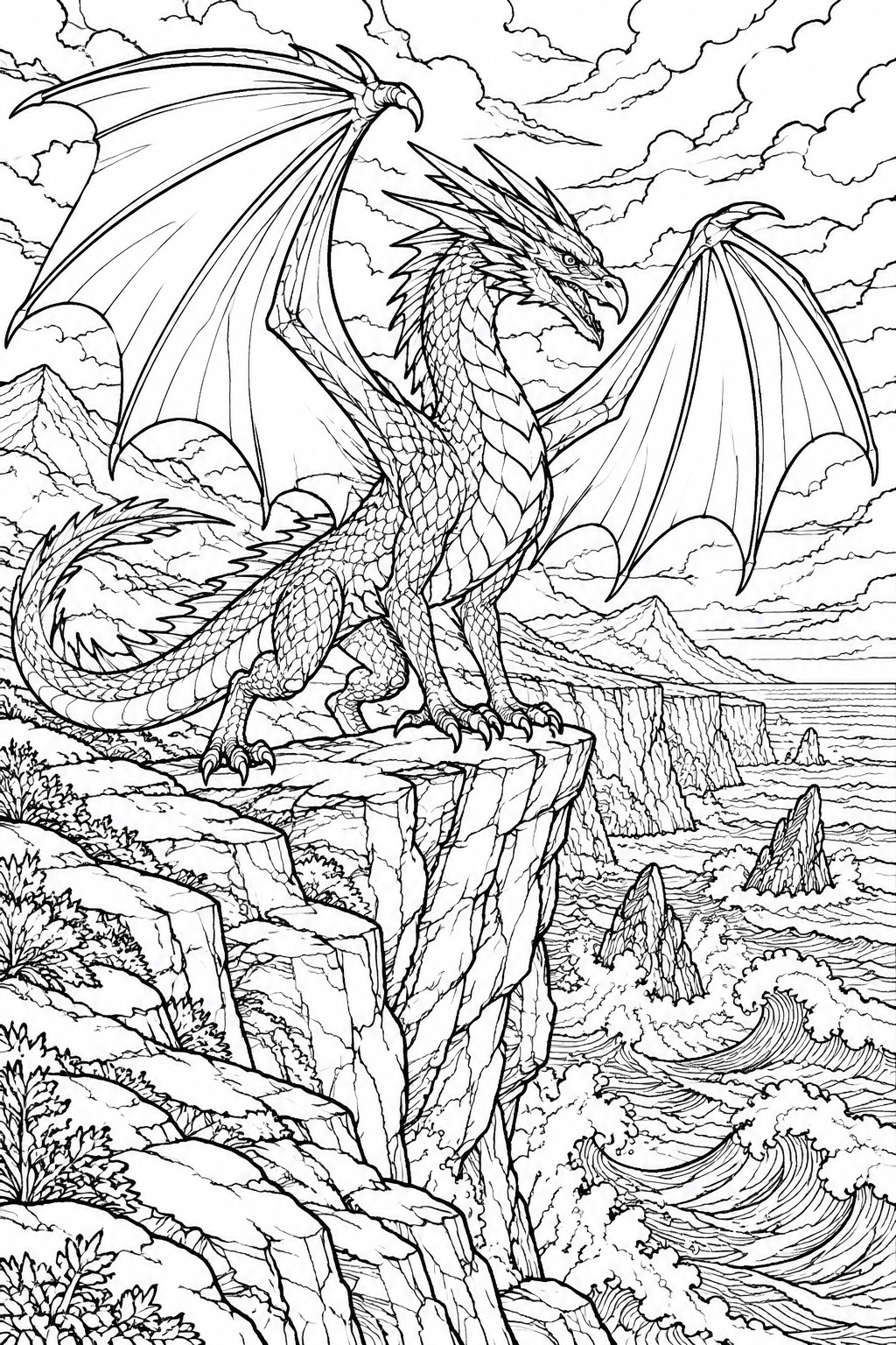 Dragon with spread wings perched on cliff above ocean waves and mountains