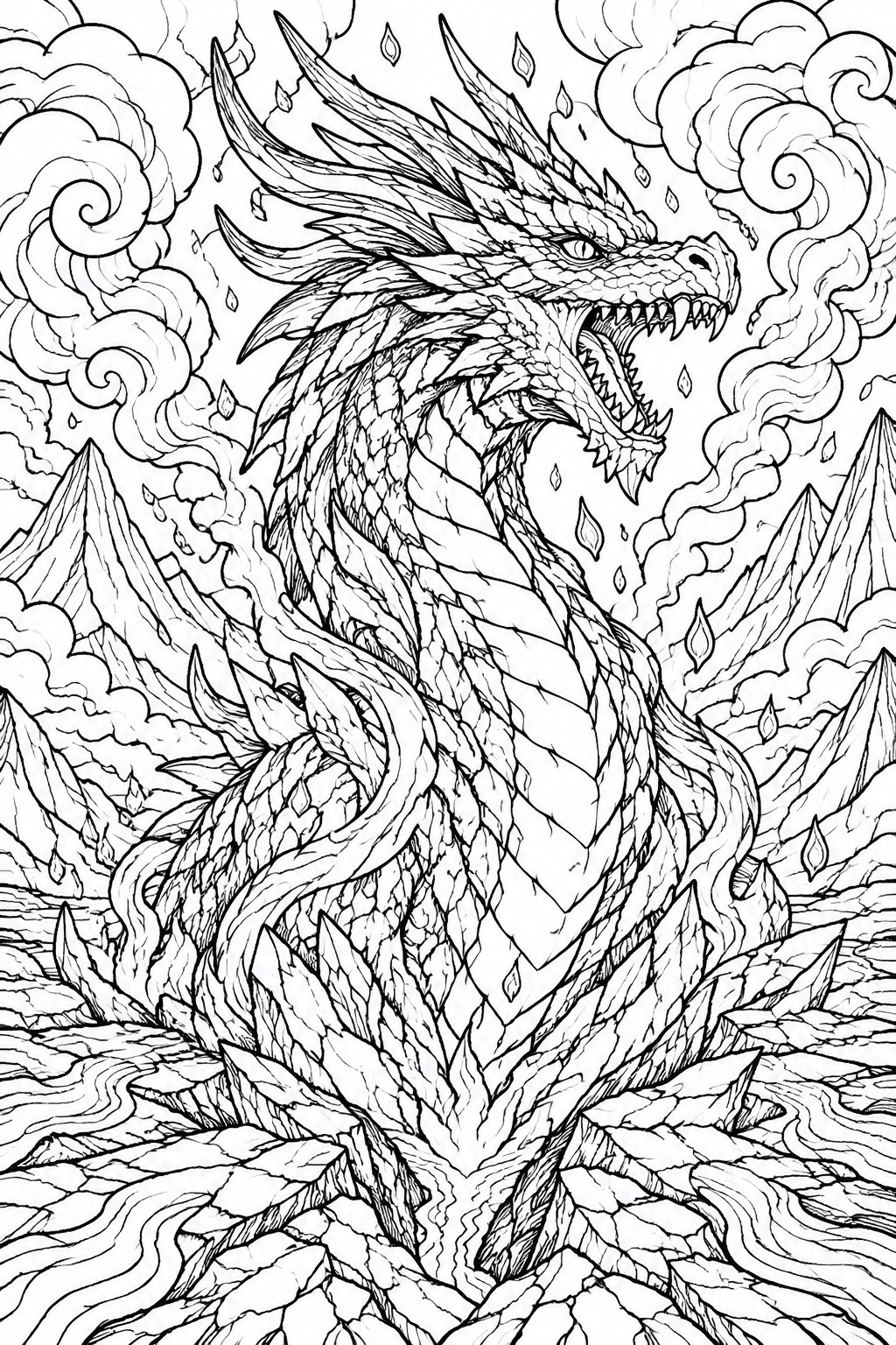 Detailed black-and-white line art of roaring dragon amid jagged mountains and clouds.