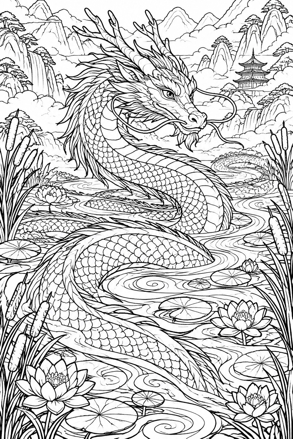 Black and white line art of Chinese dragon coiled in lotus pond with mountains and pagoda.