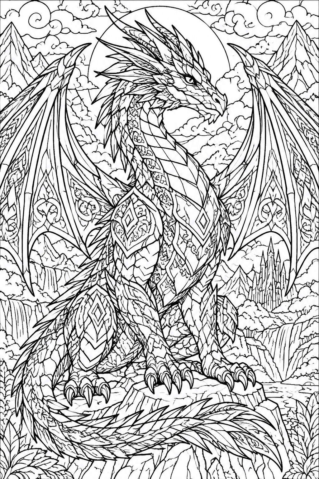 Detailed dragon line art with spread wings on rocky cliff amid mountains, waterfalls and castle.