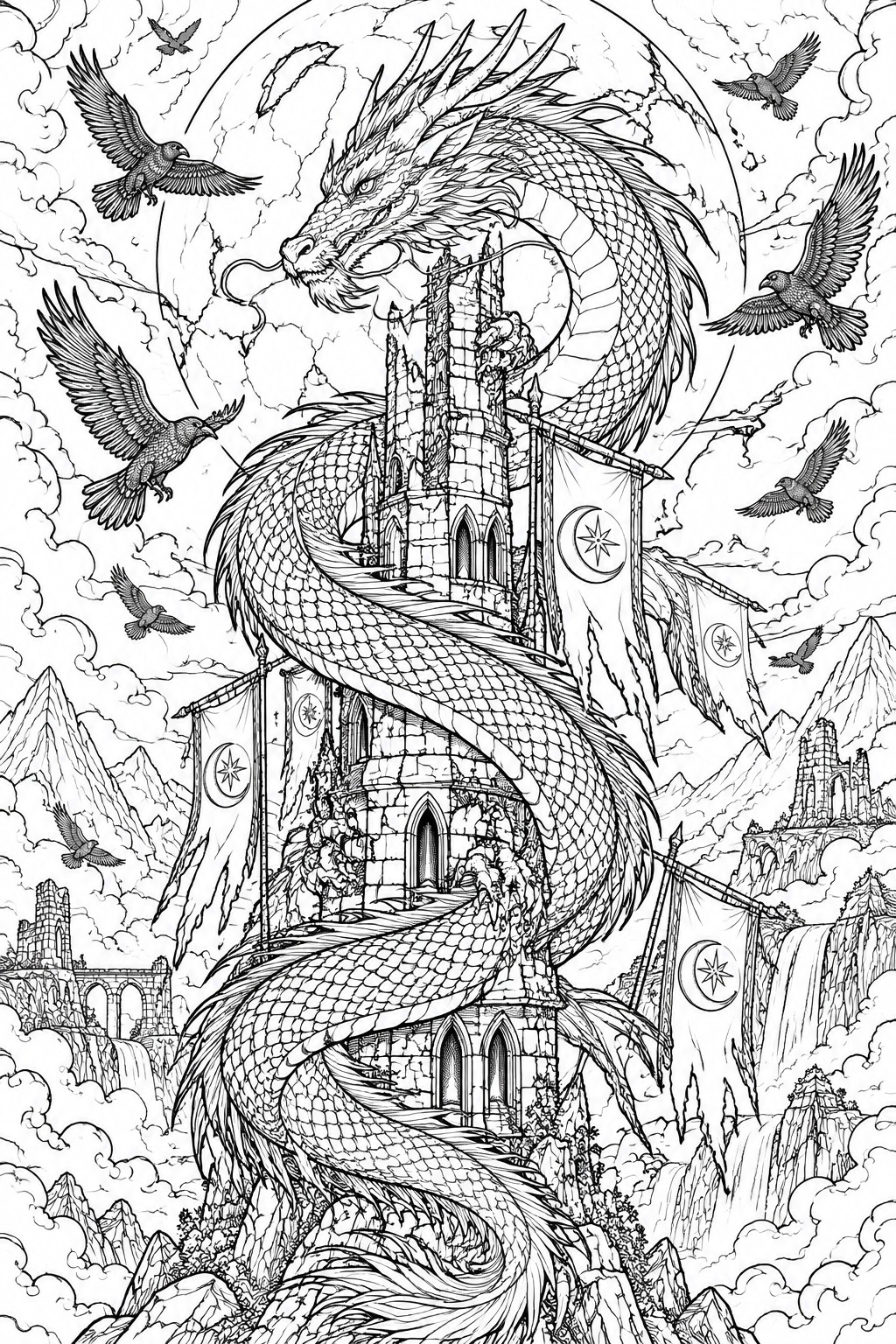 Intricate black-and-white line art of dragon coiled around castle amid mountains and birds.