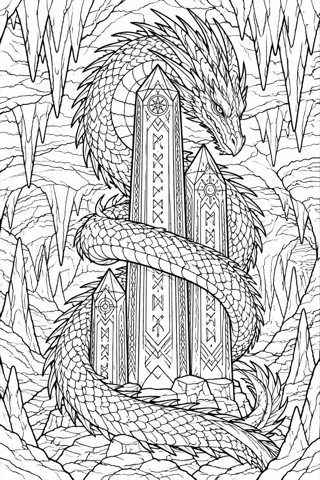 A black and white line drawing of a dragon wrapped around three rune covered crystal pillars inside an icy cave with stalactites.