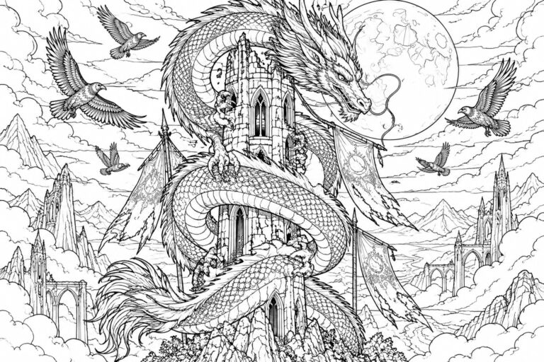 Intricate black-and-white line art of dragon coiled around castle amid mountains and birds.