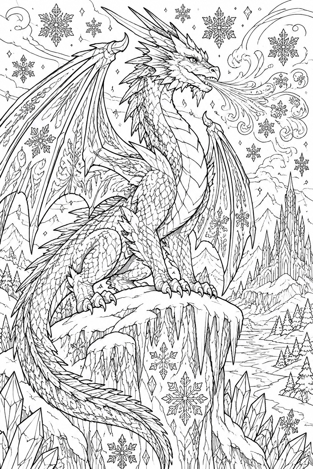 A detailed line drawing of a dragon perched on an icy cliff, breathing frost amid snowflakes with a crystal castle and mountains in the background.