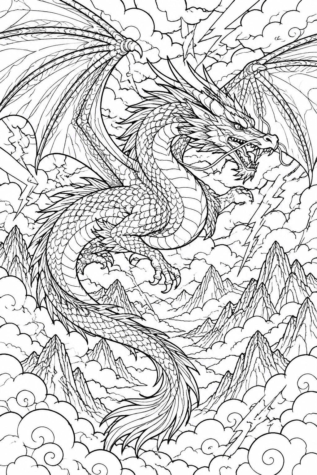 Intricate black-and-white dragon with spread wings soars amid lightning over jagged mountains