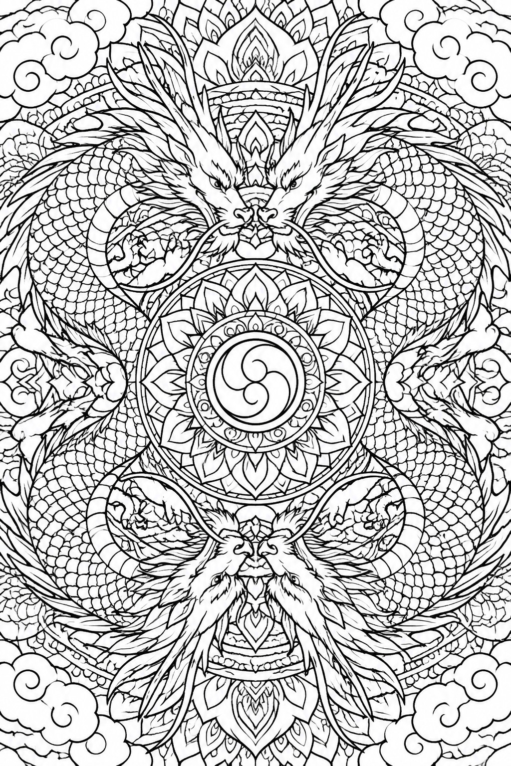 Symmetrical mandala line art with facing dragons, birds, and central yin-yang.