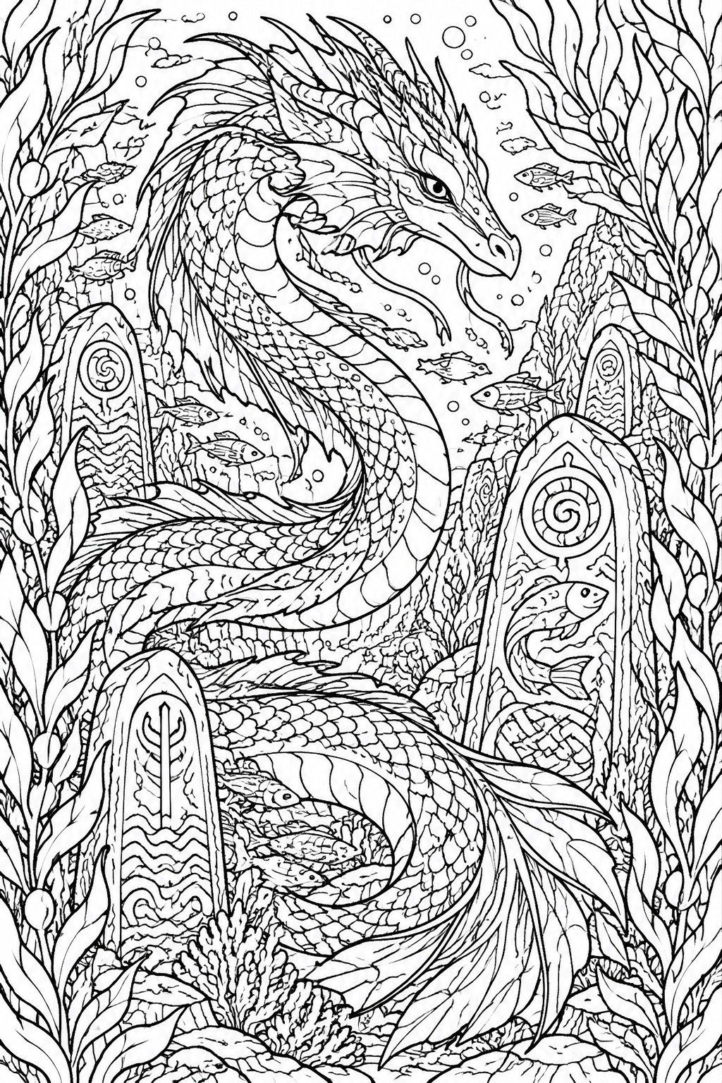 A black and white line drawing of a long serpentine dragon swimming past three carved stone pillars in an underwater scene with fish, bubbles, and seaweed.