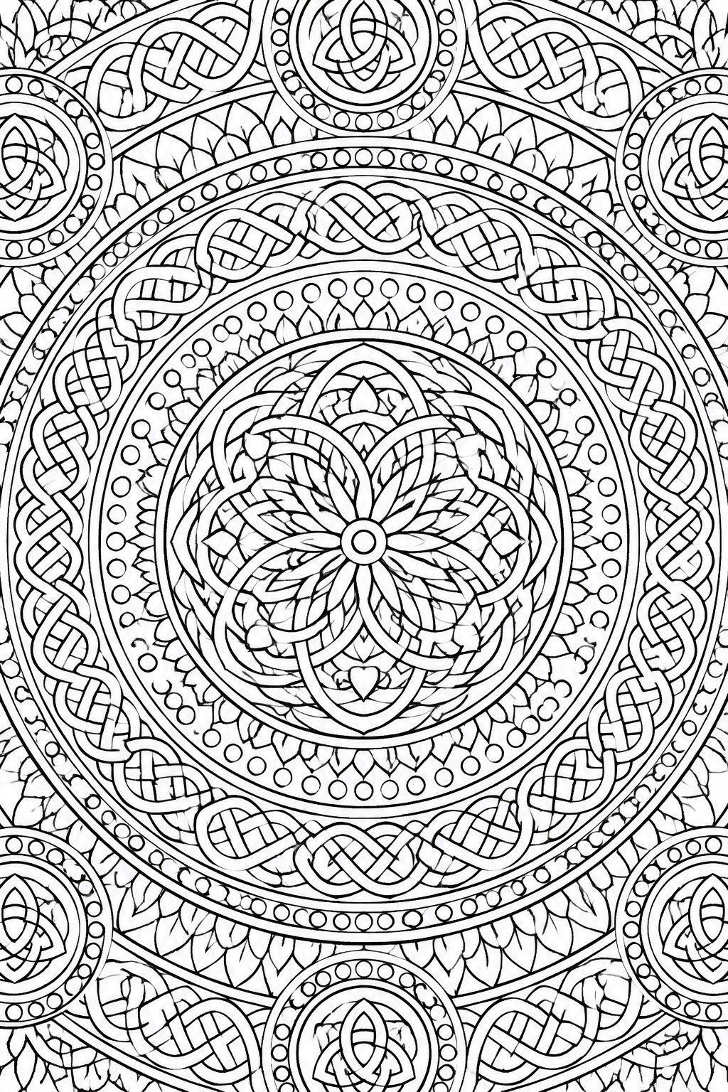 A black and white mandala coloring page with Celtic knot patterns arranged in concentric circles around a central flower design.