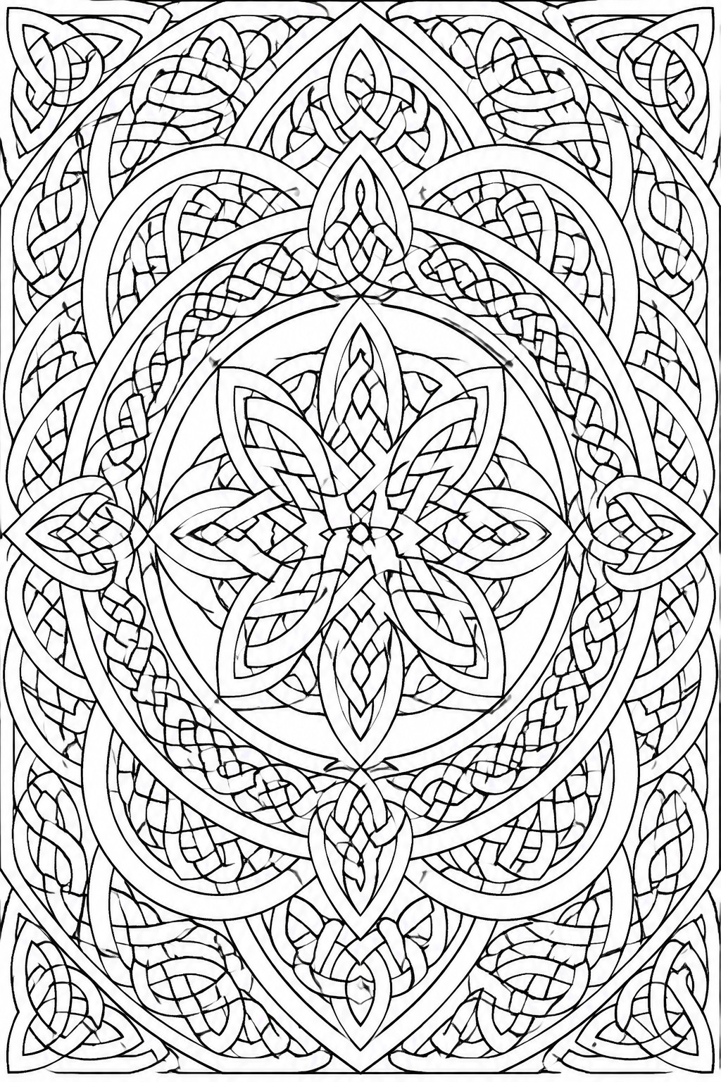 Intricate black and white Celtic knot mandala with interwoven circles and pointed central design