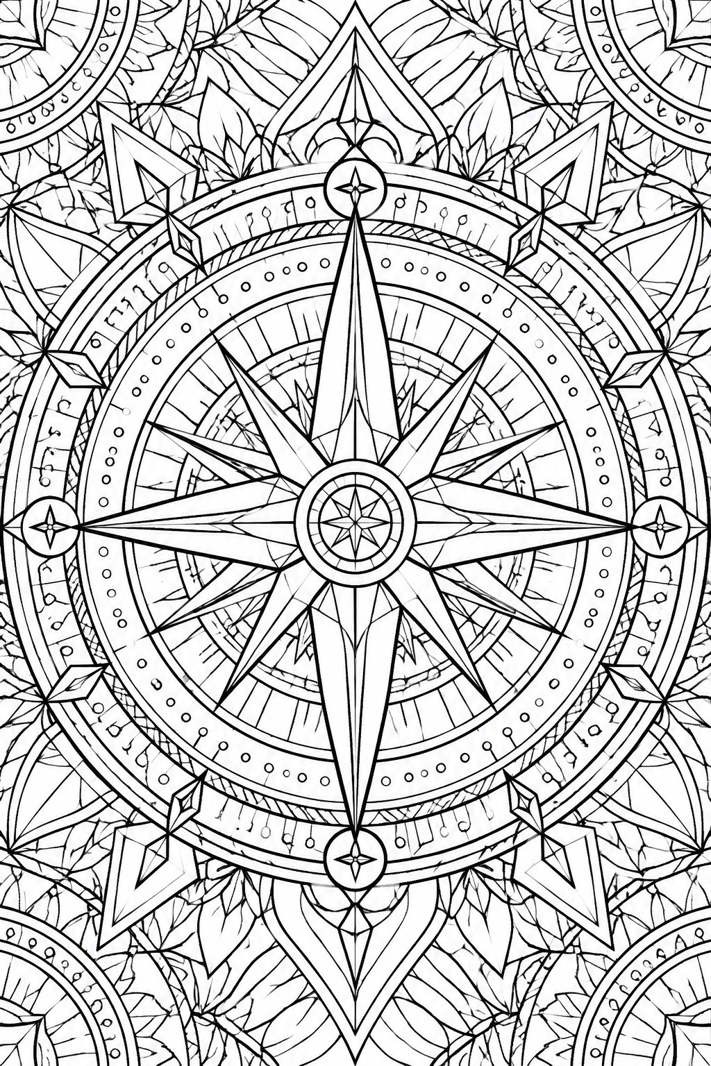 Intricate black and white mandala with central compass rose amid leafy geometric patterns